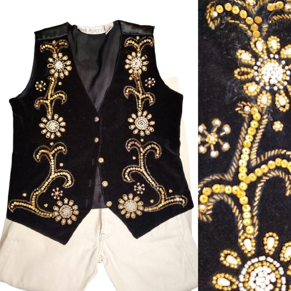 VTG Jane Ashley‎ 90s Black Gold Beaded Velvet Statement Vest Medium